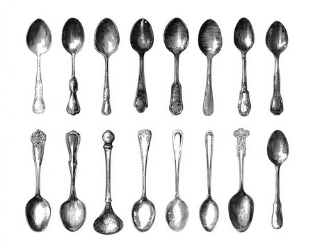 Teaspoon Line Art. Hand Drawn Black and White Cutlery Set of Antique Spoons