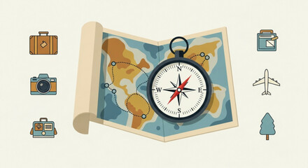 A vintage travel map with a compass, camera, suitcase, and airplane icons, representing exploration, adventure, and the spirit of wanderlust