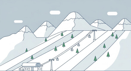 A minimalist illustration showcases a ski resort with snowcovered mountains, ski lifts, and evergreen trees, set against a light gray sky with soft clouds
