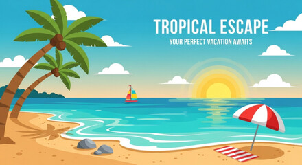 Tropical beach with palm trees, sun, and umbrella on a sunny day, perfect for a relaxing vacation getaway to a beautiful island paradise destination
