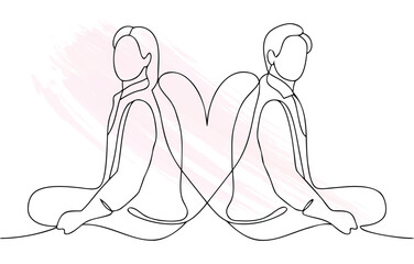 Minimalist continuous line art two people sitting back to back forming a heart Single line