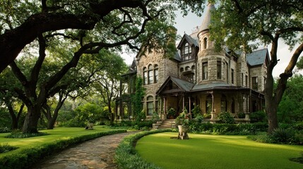 Obraz premium Texas Mansion. Luxury Home with Old Charm Surrounded by Green Landscape and Architectural Beauty