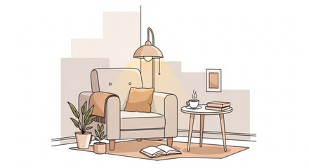 A comfortable reading nook with an armchair, lamp, table, and books, creating a warm and inviting space for relaxation