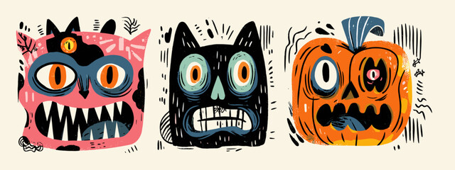 Colorful Illustration of Three Cartoon Cat Faces and a Grinning Pumpkin with Playful Expressions