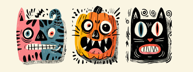Colorful Illustration of Three Cartoon Cat Faces and a Grinning Pumpkin with Playful Expressions