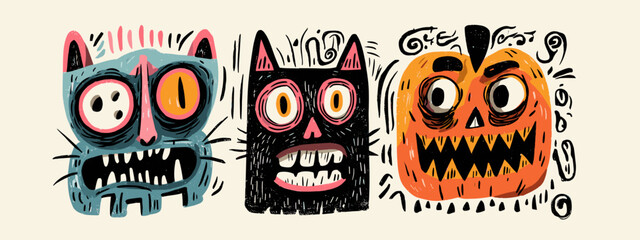 Colorful Illustration of Three Cartoon Cat Faces and a Grinning Pumpkin with Playful Expressions