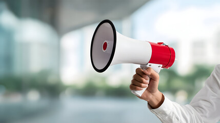 Individual using a megaphone to convey a message in an urban setting during the day