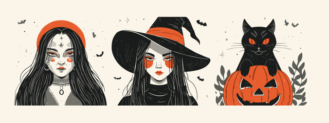 Fototapeta premium Colorful Halloween Illustration Featuring Surprised Girl, Frankenstein Character and Black Cat with
