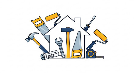 Handyman service and home repair concept with tools arranged in a house shape renovation, construction, and maintenance services