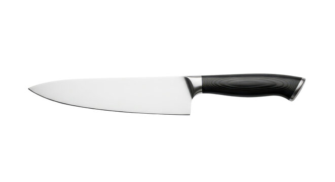 Professional stainless steel chef knife with black ergonomic handle, sharp kitchen utility blade for culinary food preparation, isolated on white background