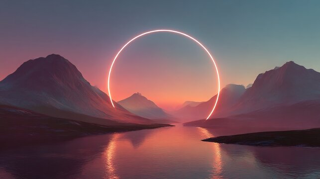 A 3D rendering presents an abstract wallpaper featuring a sunset or sunrise alongside a round geometric form. The mystic landscape showcases mountains, water, and a luminous neon ring.
 