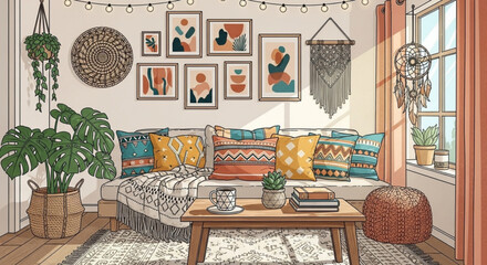 Cozy boho living room interior with a sofa, pillows, plants, and wall decor, creating a warm and inviting space for relaxation and socializing at home
