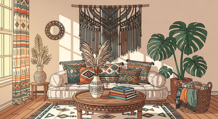 Bohochic living room interior with a comfortable sofa, decorative pillows, a macrame wall hanging, and stylish decor, creating a relaxing and inviting atmosphere