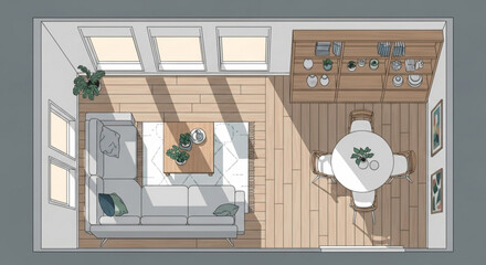 Topdown view of a modern apartment layout, showcasing a living room, dining area, and kitchen, with natural light streaming through the windows
