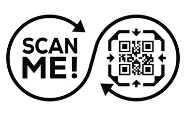 A black and white vector graphic featuring two interconnected circles: one with the call-to-action "SCAN ME!" and the other containing a QR code. The design forms an infinity loop.