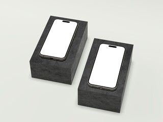 Realistic phone mockup with blank screen neatly arranged on dark grey blocks with white background