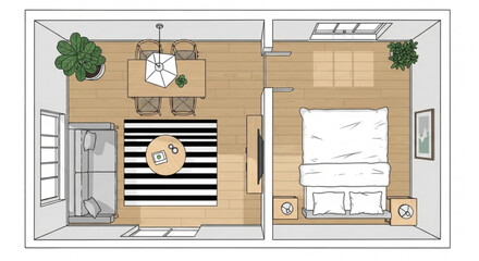 Top view of a modern apartment floor plan with bedroom, living room, dining area, and bathroom interior design and architecture concept