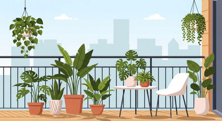 Balcony with many potted plants and furniture overlooking the city skyline urban gardening and relaxation space, creating a green oasis in the urban environment concept