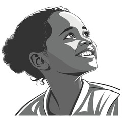 portrait of a smiling young woman, black and white style, high contrast, minimalist, clean lines, graphic design, vector illustration
