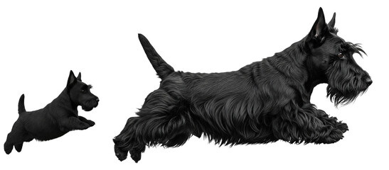 An adult Scottish Terrier and its puppy are joyfully jumping in a bright area. Their playful antics highlight the bond between them in a lively display of energy and companionship.
