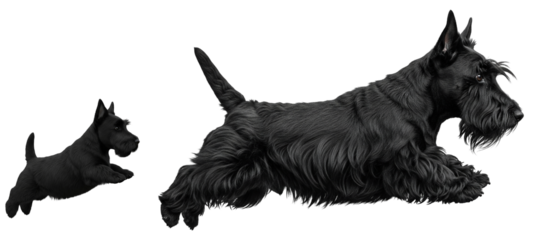 An adult Scottish Terrier and its puppy are joyfully jumping in a bright area. Their playful antics highlight the bond between them in a lively display of energy and companionship.