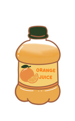Cute hand-drawn orange juice bottle with label and green cap. Bright and fun cartoon drink illustration, great for food designs, packaging, stickers, and kids projects.