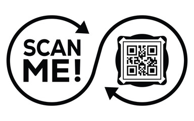 A black and white vector graphic featuring two interconnected circles: one with the call-to-action "SCAN ME!" and the other containing a QR code. The design forms an infinity loop.