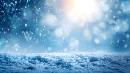 Winter wonderland scene with sparkling snowflakes falling under bright sunlight
