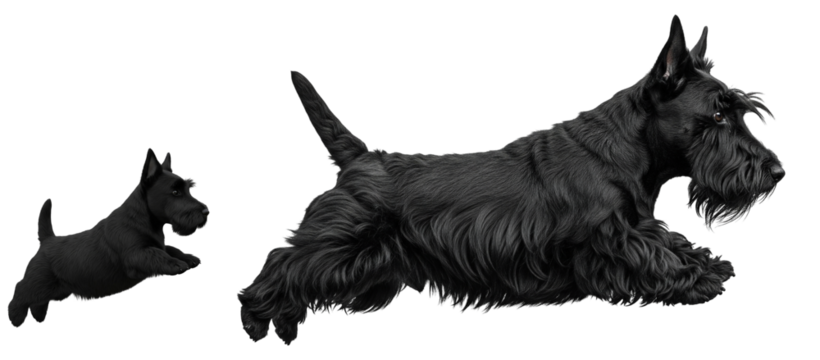 An adult Scottish Terrier and its puppy are joyfully jumping in a bright area. Their playful antics highlight the bond between them in a lively display of energy and companionship.