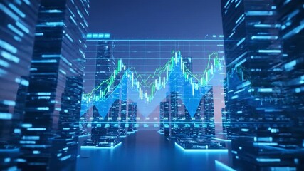 Futuristic cityscape with skyscrapers showcases financial data visualization, featuring dynamic graphs in vibrant blue and green colors, emphasizing technology and analytics in urban environments - Powered by Adobe