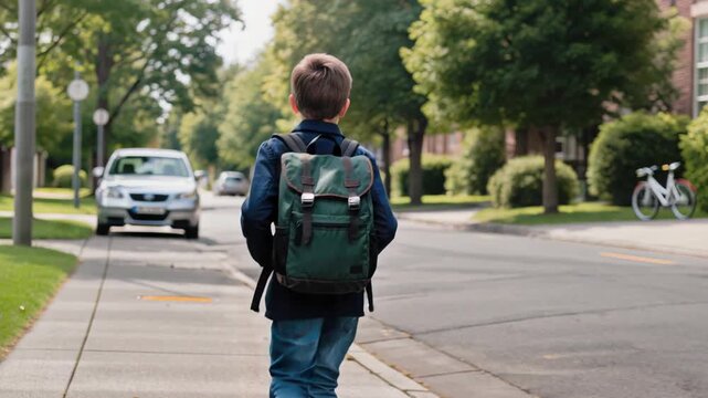 Back view of young school-age boy with backpack walking alone on quiet street towards school building. Sunny day with green trees and calm atmosphere. Education, childhood, routine.