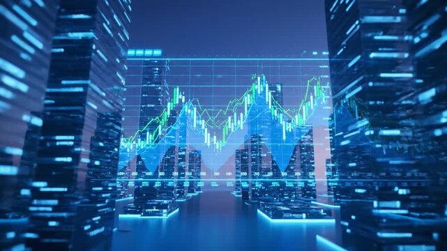 Futuristic cityscape with skyscrapers showcases financial data visualization, featuring dynamic graphs in vibrant blue and green colors, emphasizing technology and analytics in urban environments - Powered by Adobe