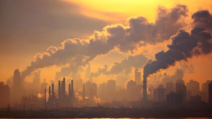 Fototapeta premium Industrial city skyline at sunset with tall smokestacks and thick smoke plumes rising over factories. Concept Industrial skyline, Sunset lighting, Smokestacks, Factory silhouettes, Thick smoke plumes