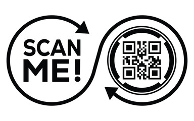 A black and white vector graphic featuring two interconnected circles: one with the call-to-action "SCAN ME!" and the other containing a QR code. The design forms an infinity loop.