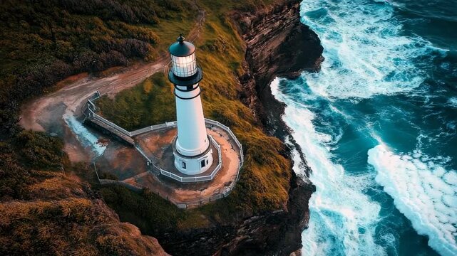 Aerial view of a white lighthouse on a rocky cliff overlooking a turquoise sea