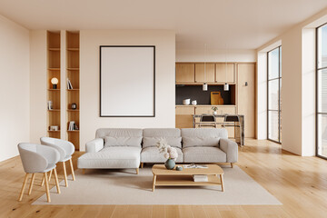 Bright Scandinavian Living Room with Large Poster Frame, Wooden Furniture and Dining Space in Background