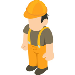 Isometric cartoon construction worker character in yellow hard hat and orange overalls standing against a clean white background professional uniform and safety gear for building industry concept