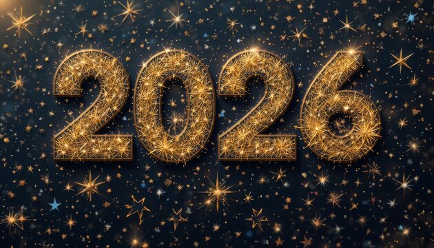 Sparkling golden 2026 typography on glittery dark backdrop, New Year celebration, milestone theme, festive typography.