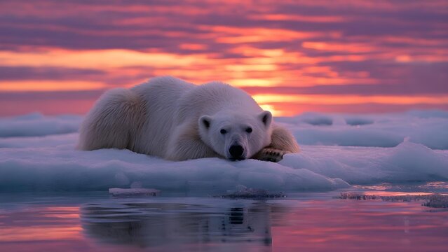 A polar bear resting on a white ice floe in Arctic waters at sunset under a pink-orange sky. Concept Polar bear on ice floe, Arctic sunset, Pink-orange sky, Wildlife photography, Sea ice and waters