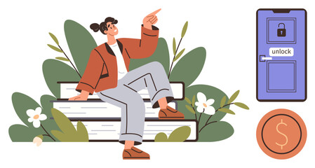 Woman sitting on books surrounded by plants and flowers, with lockable door and coin, representing learning, personal growth, opportunities, financial literacy, freedom, goal setting, simple flat