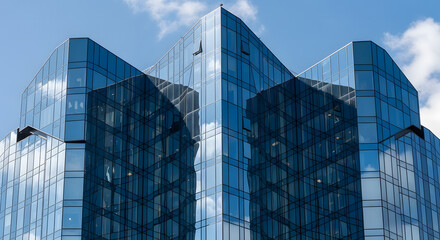 Reflective glass facade of a contemporary high-rise building against a clear sky, showcasing modern architectural design and urban sophistication