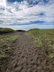 path with footprints in black sand through dunes leading towards the ocean in the south of iceland