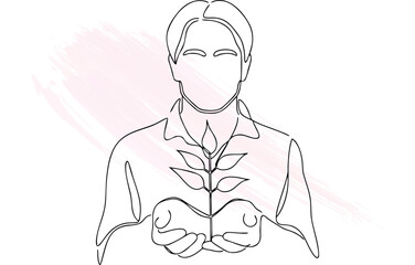 Minimalist line drawing a person holding a small plant with  brush strokes Single line