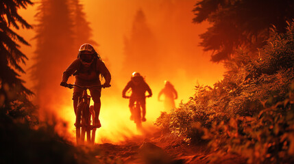 A group of cyclists races along a mountain trail at sunset, bathed in vivid orange light.
