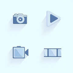 Media Icon Set Camera, Play, Camcorder, and Film Roll in Flat Design Style for Web and UI Projects