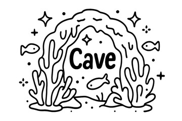 Fototapeta premium Coral Cave Doodle. Doodle coral cave with stars, fish, and sparkles, center word “Cave” in black and white isolated transparent