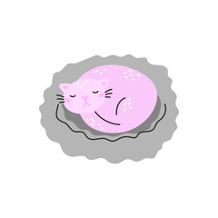 Vector illustration of a cute cat sleeping in a cozy animal bed. Perfect for pet-themed designs, stickers, clipart, and artwork highlighting a relaxed and adorable feline