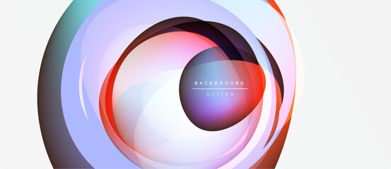 Abstract swirling layers create vibrant circular design. Soft gradients blend purple, red, blue hues. Modern background element.