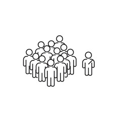 Line art icon of one person standing apart from a crowd.