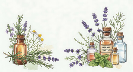 Herbal medicine concept showcasing essential oil bottles and fresh herbs in artistic arrangement. Herbal medicine setup with rosemary, lavender, chamomile, and mint alongside tincture vials.